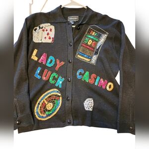 Terazzo Lady Luck Casino Sequin Cardigan XL Vegas Slots Statement Sweater